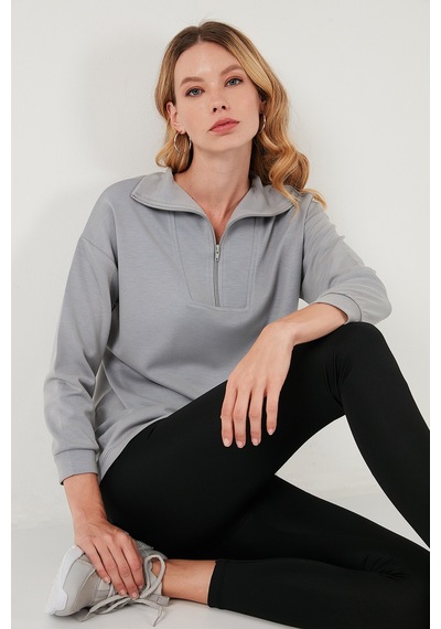 Lela Regular Fit Fermuarlı Yaka Önü Kısa Arkası Uzun Bayan Sweat 5865876 Gri