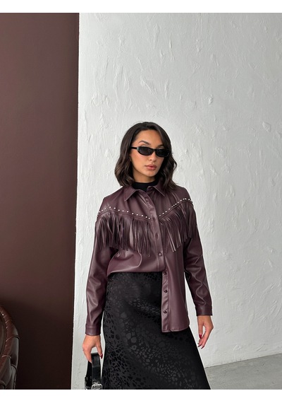 Verymoda Droplu Püsküllü Suni Deri Gömlek - F2043 MÜRDÜM