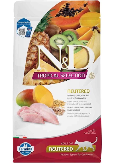 N&D Tropical Selection Düşük Tahıllı Tavuklu Tropikal Meyveli Kısırlaştırılmış Yetişkin Kedi Maması 1500 G