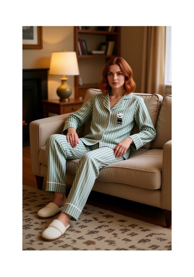 Ersefa Kadın Gömlek Yaka Çizgili Pamuklu Pijama Takımı Penguen Detaylı F Mint