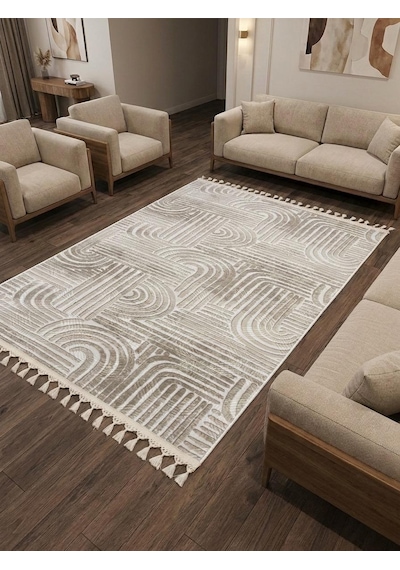 Kaymaz Taban Krem Bej Modern Desenli Yıkanabilir Saçaklı Salon Oturma Odası Mutfak Halı Yolluk