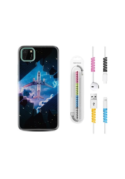 Huawei Y5P Kılıf Kablo Koruyuculu Plane Sky 1623