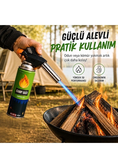 2+1 Çakmaklı Pürmüz Yedek Kartuşu Kamp Gazı 400 Ml Piknik Kamp Mangal Mutfak Ateş Tutuşturucu Yeşil