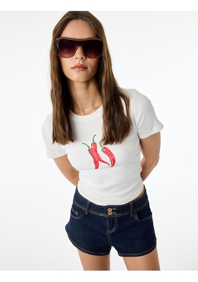 Koton Pamuklu Slim Fit Kısa Kollu Bisiklet Yaka Baskılı Tişört Ekru 6sal10962ık