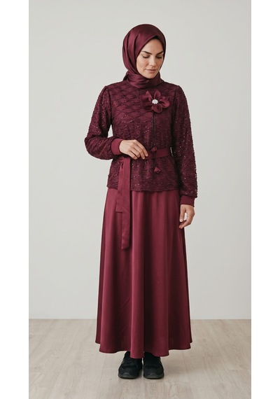 Ece Giyim Kadın Etek Saten Mevlana Model Üst Dantel İçi Astarlı Manşetli Düğünlük Takım Bordo Ece Giyim Kadın Etek Saten Mevlana Model Üst Dantel İçi Astarlı Manşetli Düğünlük Takım Bordo