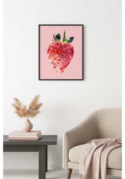 Doğal Ahşap Çerçeveli Retro Çilek Tablo - Geometrik Desen Huhu2539