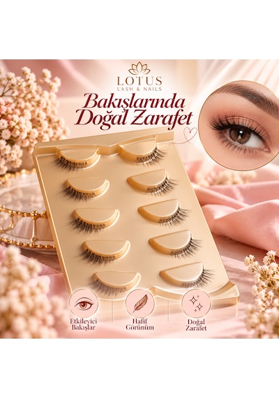 Gold Beauty 5 Çift Yarım Boy Kedi Gözü Efektli Doğal İpek Takma Kirpik Seti