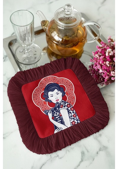 Vintage Kadın Portreli Saçaklı Sunum Peçetesi - Modern Retro Bordo Kırmızı Kahve Yanı Sunum Mendili Gün Batımı Kireçtaşı
