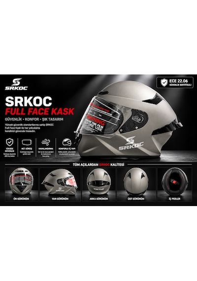 Srkoc İntercom Uyumlu Full Face Ece 22.06 Sertifikalı Gri Motorsiklet Kaskı