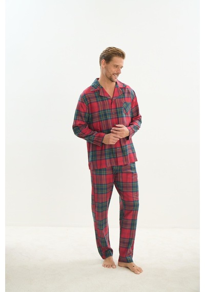Sevim Erkek Uzun Kol Gömlek Yaka Önden Düğmeli Kırmızı Pijama Takım C1t5n5o9 001