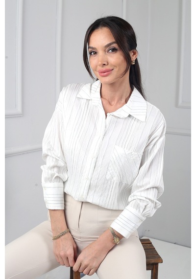 By Saygı Kadın Kraş Cotton Tek Cepli Çizgili Gömlek Yeşil