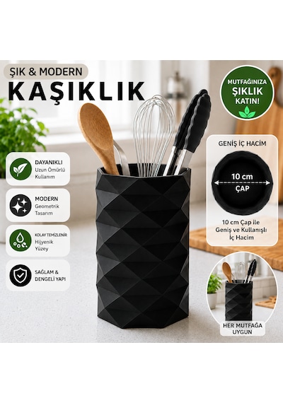 Geometrik Tasarımlı Mutfak Kaşıklığı Organizeri 10 Cm Çap Geniş İç Hacimli Tezgah Üstü Kaşıklık Siyah