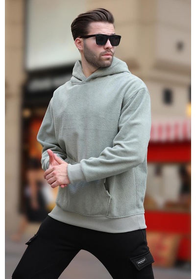 Madmext Çağla Yeşili Kapüşonlu Cep Detaylı Polar Erkek Sweatshirt 7093 Yeşil