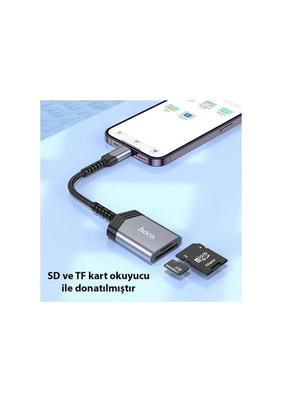 Hoco Ua25 2-in-1 Apple Uyumlu iPhone Lightning Kart Okuyucu- 5775 - Karbul5766-1008 Gri