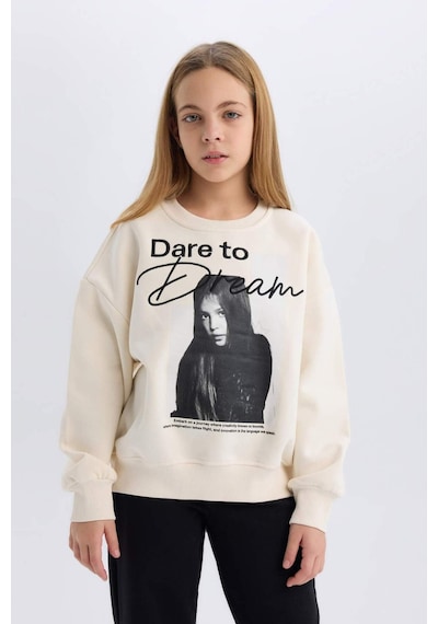 DeFacto Kız Çocuk Oversize Geniş Kalıp Bisiklet Yaka Baskılı Sweatshirt D5452A824WNER233 Ekru