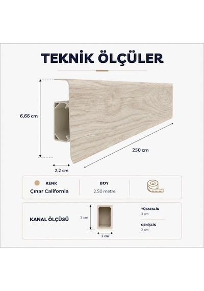 Esquero Kablo Kanallı PVC Süpürgelik 250  cm, Açılabilir Kapaklı, Çınar California, ESQ603