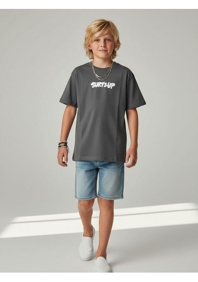 Zekids Erkek Çocuk Pamuklu Sırt Baskılı Kısa Kollu Tasarım T-shirt-16866 Gri