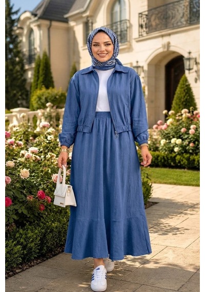 Hb Harma Time Butik Kadın Fermuarlı Çilek Kumaş Mavi Ceket Etek İkili Takım Siyah Siyah