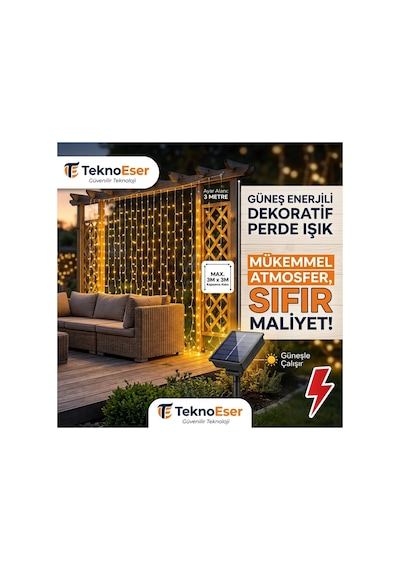Güneş Enerjili Solar Perde Led Işık 3x3 Metre Dış Mekan Su Geçirmez Bahçe Balkon Teras Süsleme Led