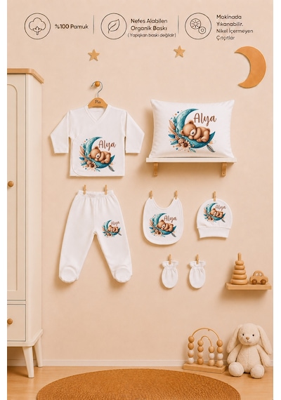 Pia Baby İsme Özel Kız Bebek %100 Pamuk Zıbın Şapka Önlük Eldiven Ve Yastık Kılıfı Hediyelik Set 1012yz0x Ekru