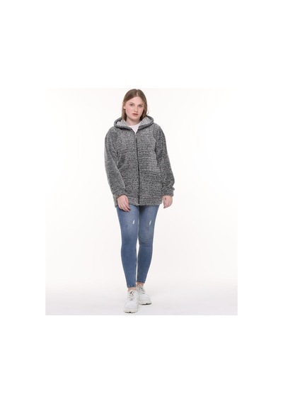 Unika Boutique Kapüşonlu Welsoft Peluş Gri Hırka - Cepli Kapüşonlu Fermuarlı Kışlık Peluş Gri Hırka Ceket