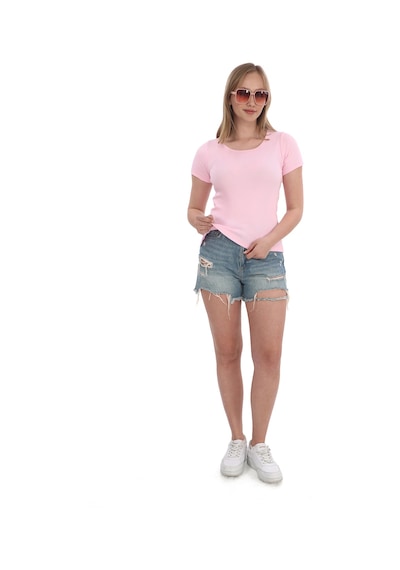 Monox Kadın Fitilli Likralı Pamuk Basic Tshirt Pembe