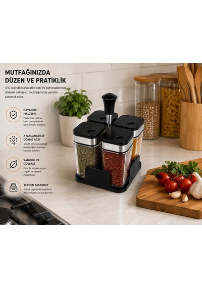 4'lü Standlı Cam Baharatlık Seti Ayarlanabilir Dökme Ağızlı, Paslanmaz Çelik Detaylı, Taşıma Standlı Mutfak Baharat Düzenleyici Çok Renkli
