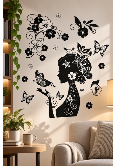 3d Simli Kadın Silüeti Duvar Stickerı 32x50 Cm Kelebekli Çiçekli Siyah Beyaz Duvar Dekorasyonu Renkli