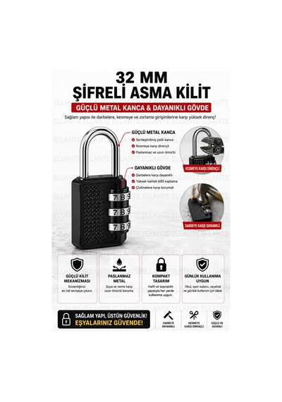 Premium 32 Mm Şifreli Asma Kilit 3 Haneli Kombinasyonlu Anahtarsız Güvenlik Kilidi Valiz Dolap Çanta