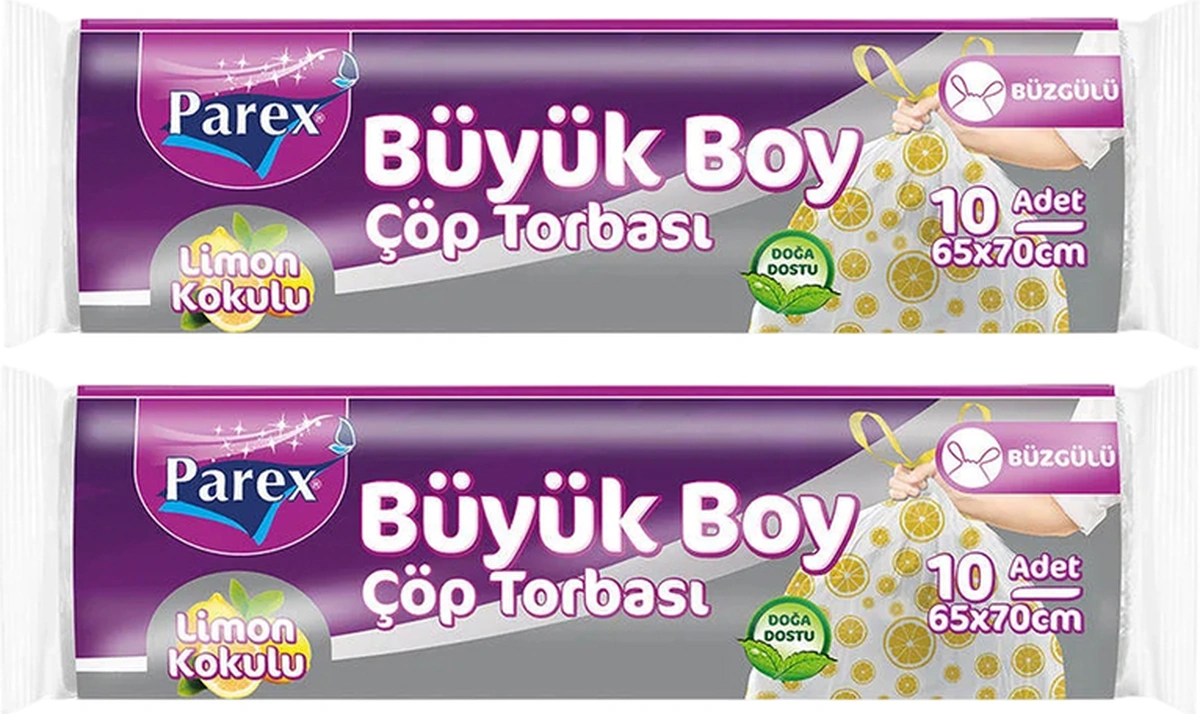 Premium 10'lu Büzgülü Çöp Torbası Limon Kokulu Büyük Boy 65 X 70 Cm İkili Paket