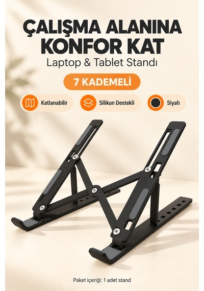 7 Kademeli Ayarlı Katlanabilir Laptop Ve Tablet Standı Siyah Kaymaz Silikon Destekli Masaüstü Tutucu