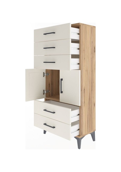 Arges Dolap Tek Raflı 5 Çekmeceli 2 Kapaklı 60x30x134 Çam-aytaşı Çam