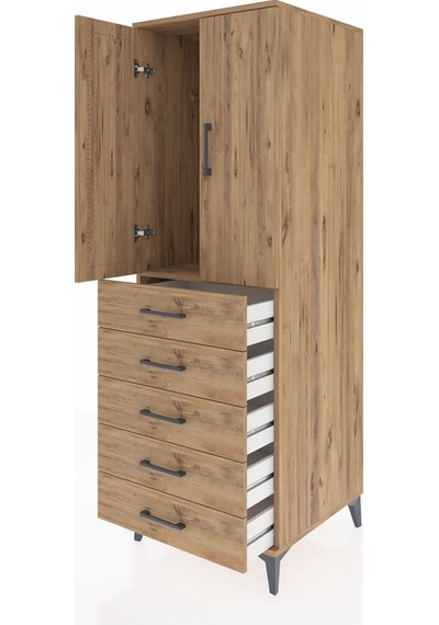Kronos Dolap Tek Raflı 5 Çekmeceli Tek Askılı 60x59x182 Çam-çam Çam