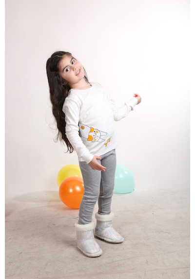 Teenyweenykids Kedi Baskı Pijama Takımı Ekru