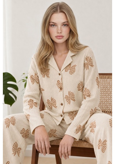 Norcia Sports Kadın Uzun Kol Rahat Krem Pijama Takımı 4759 Çok Renkli - 929323283 Çok Renkli - 929323283 Çok Renkli