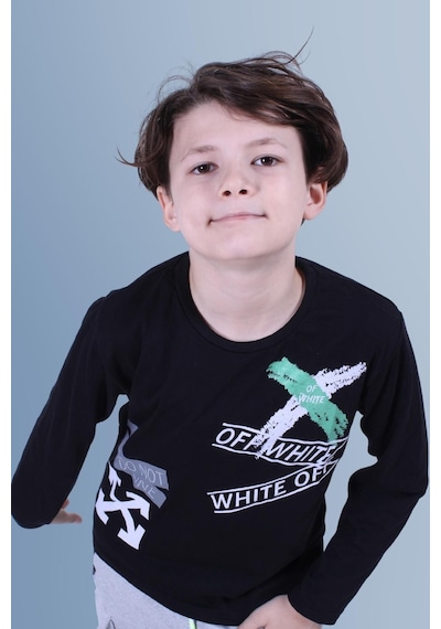 Panios Kids X Baskılı Uzun Kollu Erkek Çocuk Siyah Sweatshirt Siyah