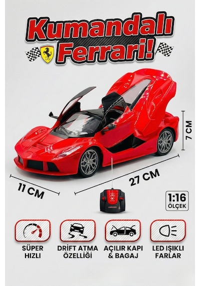 Uzaktan Kumandalı Işıklı Spor Araba - 1:16 Büyük Boy Açılır Kapı Ve Bagajlı Oyuncak Araba Kırmızı Ferrari