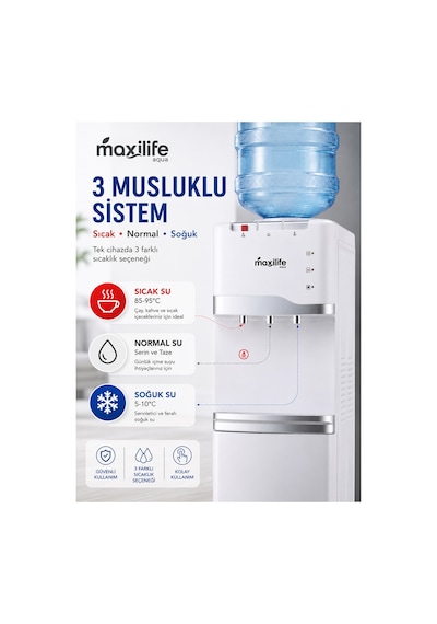 Maxilife PS-SLR-210 Aqua Kompresörlü Su Sebili Sıcak Soğuk Normal Su Alt Dolaplı 3 Musluklu Su Sebili Beyaz