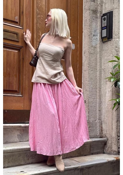 Madmext Pembe Vual Kumaş Basic Kadın Uzun Boy Kadın Etek Mg2366 Pembe