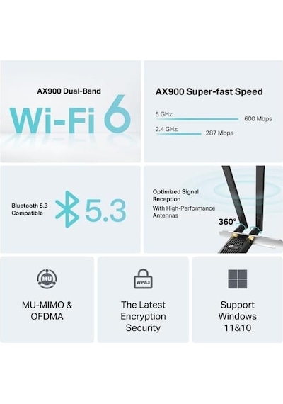 Tx10e Ax900 Wi-fi 6 Bluetooth 5.3 Pcıe Adaptör 887 Mbps Çift Bant Hız Mu-mımo & Ofdma Çift Harici Anten Wpa3 Güvenlik Masaüstü Pc Dahili Ağ Kartı