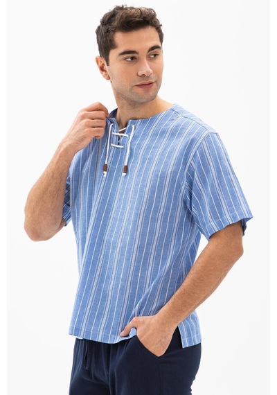 Kısa Kol Şile Bezi Zımbalı Erkek Yazlık Tshirt Mavi Beyaz Çizgili 3019-mavi Beyaz Çizgili Beyaz - Mavi