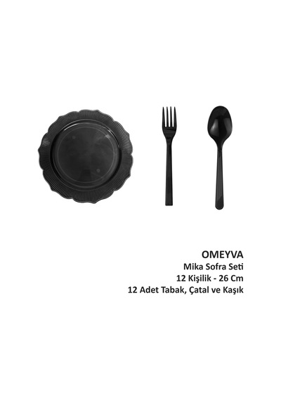 Omeyva 26 Cm. Siyah Sorfa Davet Seti - Sert Mika Plastik - 12 Kişilik Tabak Çatal Kaşık Takımı