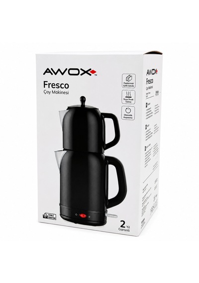 Awox Fresco Siyah Elektrikli Çay Makinesi Çaycı Set 1.7lt Su Isıtıcı + 1.2lt Demlik Paslanmaz Çelik Gövde 2200w
