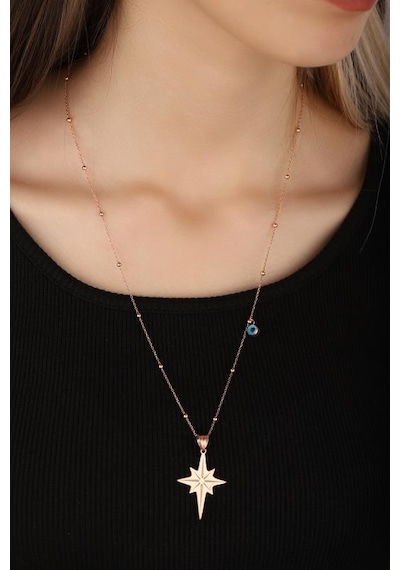 Nazar Boncuklu Plaka Kuzey Yıldızı Gümüş Kolye Rose Gold