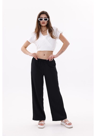 Genius Store Kadın Pantolon Geniş Paça Pamuklu Viskon Cepli Pantolon Beli Lastikli Genişpaça-pantolon Siyah