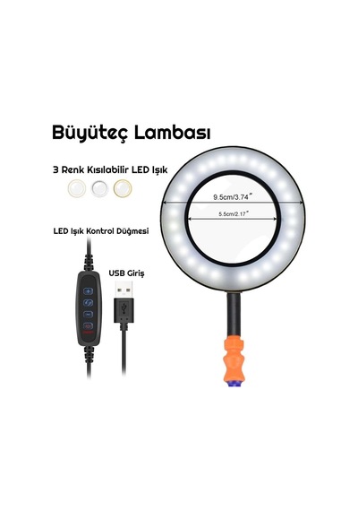 Upway Led Işıklı 3x Büyüteç Lehim Havya Masa Sehpa Standı Yardımcı Esnek Tutucu Kol