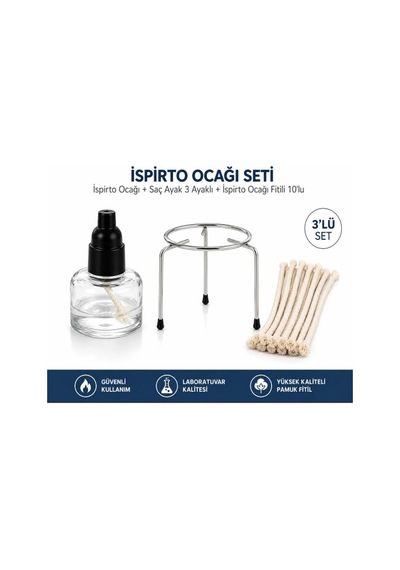 İspirto Ocağı Seti İspirto Ocağı + Saç Ayak 3 Ayaklı + İspirto Ocağı Fitili 10 Lu
