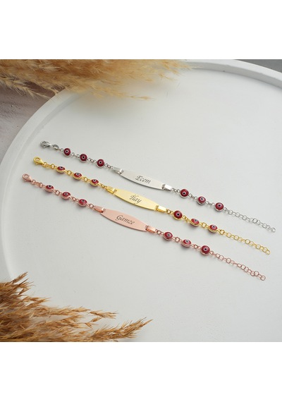 Queen Silver Jewelry 925 Ayar Gümüş Kırmızı Göz Boncuklu Çocuk Künye İsim Yazılı Altın