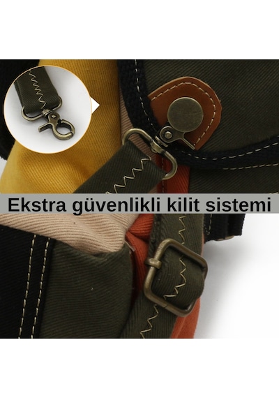 Cappadocia Vintage 4017 Haki Krem 14" Laptop Pamuk Gabardin Postacı Okul Çantası Unisex Kilitli Çok Cepli Omuz Askılı Haki - Turuncu