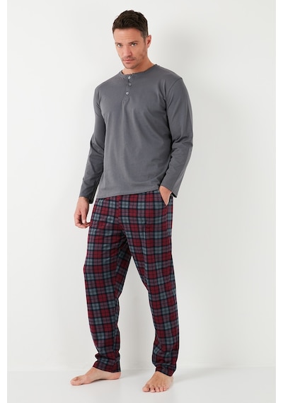 Buratti Ekoseli Pamuklu Beli Lastikli Regular Fit Uzun Kollu Erkek Pijama Takımı 6572003 Füme